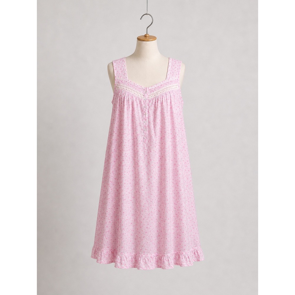 Eileen West Pink Floral 100% Cotton Sleeveless Nightgown Lace Trim Ruffle Hem M